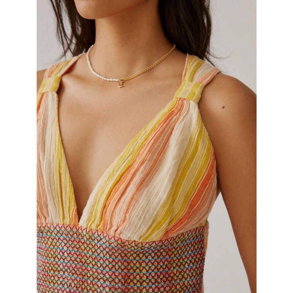 Anthropologie Large Striped Smocked Tank Crop Top Multicolor Boho Cotton V-Neck - Picture 5 of 11